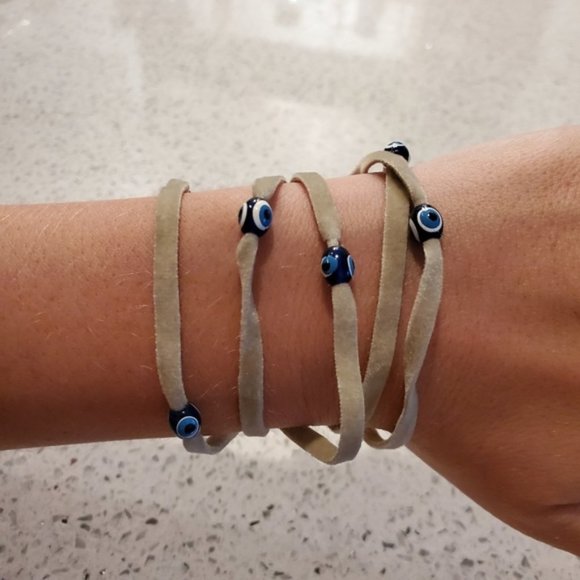 Set 4 Boho Velvet Long Necklace Wrap Bracelets Evil Eye Tan White Pink Navy Blue - Picture 9 of 11